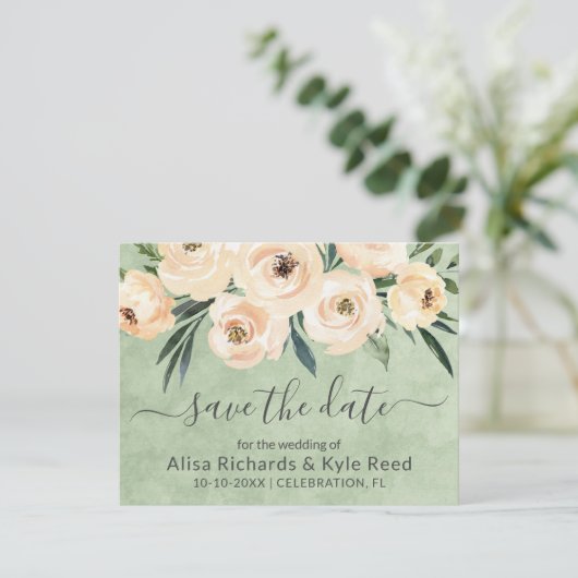 Floral Beige Blush Gold op Green Save the Date Aankondiging (Staand voorkant)
