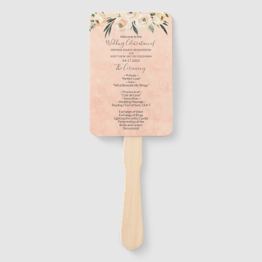 Floral Beige Blush Huwelijk Programma Handwaaier (Voorkant)