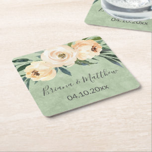 Floral Beige Blush on Green Wedding Kartonnen Onderzetters