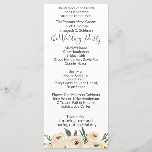 Floral Beige Blush on White Wedding Programme Programmakaart (Achterkant)