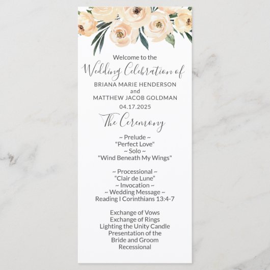 Floral Beige Blush on White Wedding Programme Programmakaart (Voorkant)
