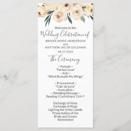 Floral Beige Blush on White Wedding Programme Programmakaart
