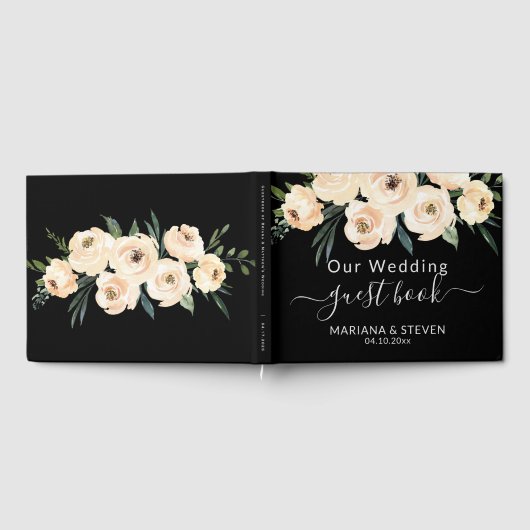 Floral Beige Blush op Black Wedding Guest Book Gastenboek (Volledig)
