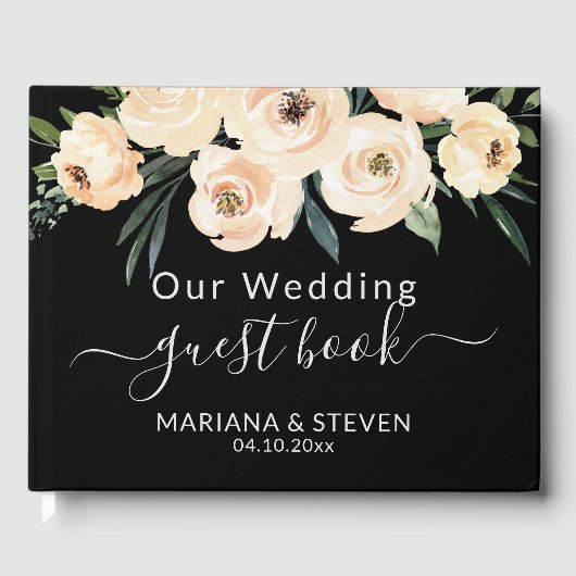 Floral Beige Blush op Black Wedding Guest Book Gastenboek (Voorkant)