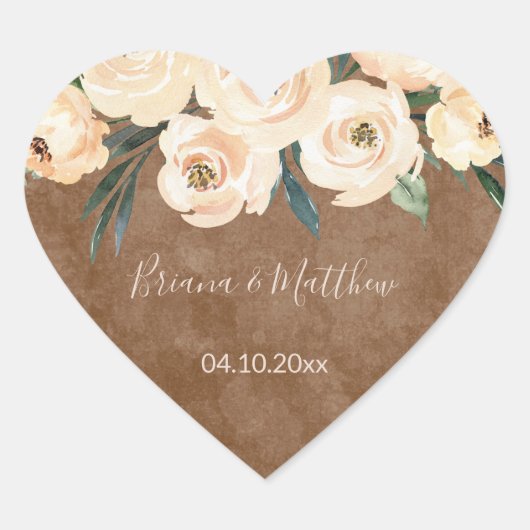 Floral Beige Blush op bruine bruiloft Favors Heart Hart Sticker (Voorkant)