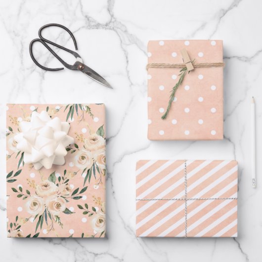 Floral Beige Blush op roze bruiloft Inpakpapier Vel (Voorkant)