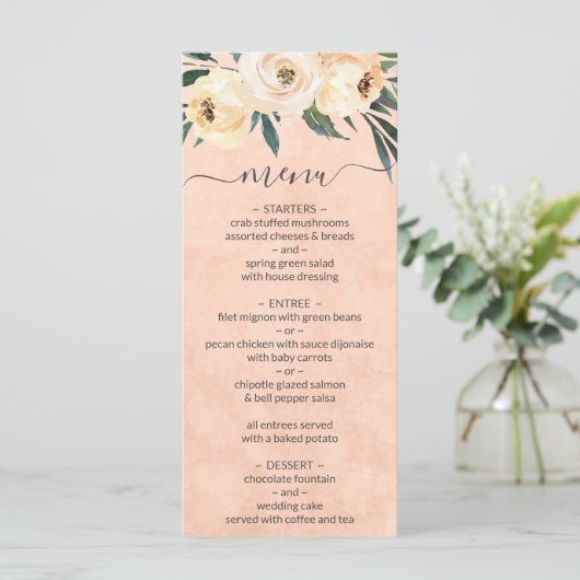 Floral Beige Blush Peach Wedding Menu (Staand voorkant)