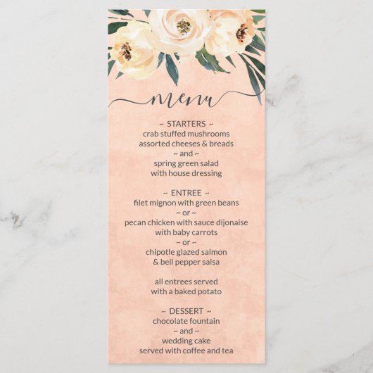 Floral Beige Blush Peach Wedding Menu (Voorkant)
