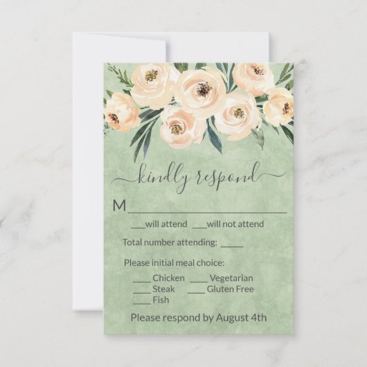 Floral Beige Blush Rozen Gold op Green RSVP Kaartje (Voorkant)