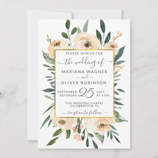 Floral Beige Blush Rozen Gold op White Wedding Kaart (Voorkant)