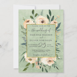 Floral Beige Blush Rozen Gold Sage Green Wedding Kaart
