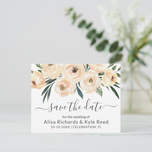 Floral Beige Blush Rozen Gold Save the Date Aankondiging (Staand voorkant)