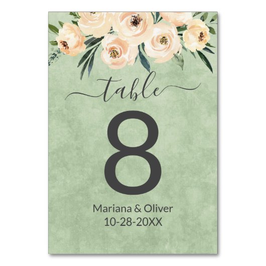 Floral Beige Blush Sage Green Table Number Kaart (Voorkant)