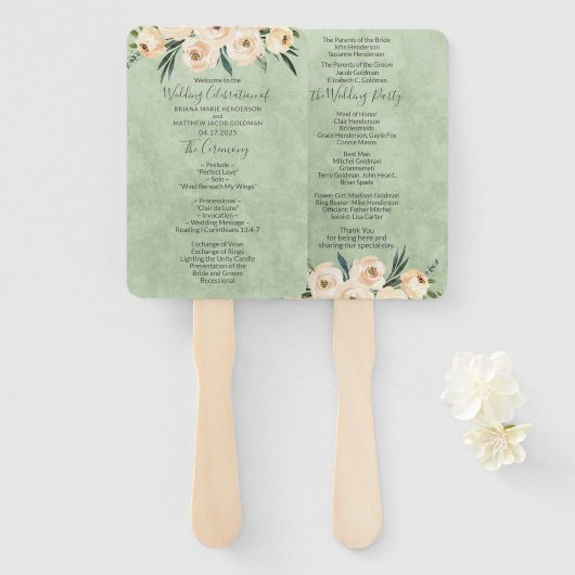 Floral Beige Blush Sage Green Wedding Programme Handwaaier (Voorkant en achterkant)