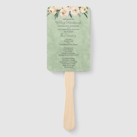 Floral Beige Blush Sage Green Wedding Programme Handwaaier (Voorkant)