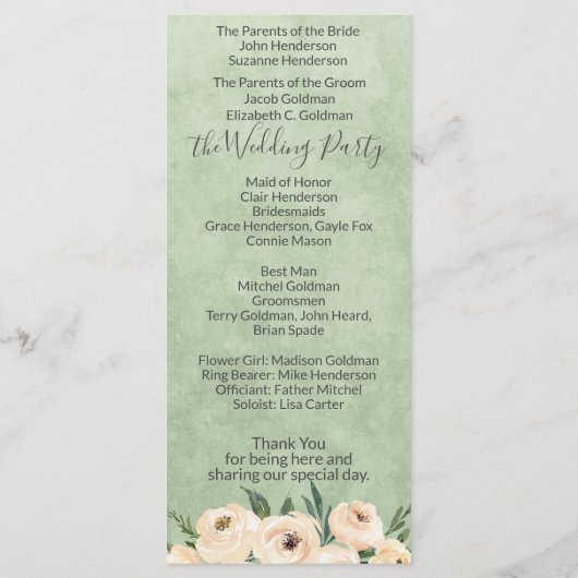Floral Beige Blush Sage Green Wedding Programme Programmakaart (Achterkant)