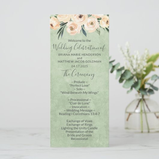 Floral Beige Blush Sage Green Wedding Programme Programmakaart (Staand voorkant)