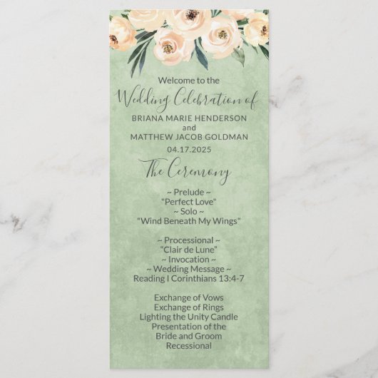 Floral Beige Blush Sage Green Wedding Programme Programmakaart (Voorkant)