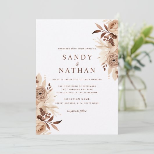 Floral Beige Boho bruiloft uitnodiging (Staand voorkant)