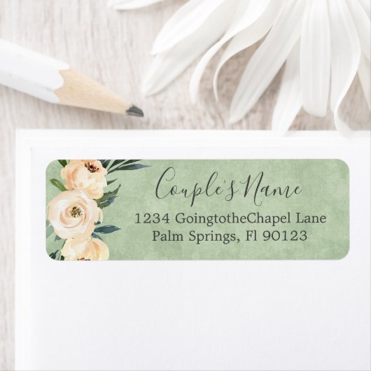 Floral Beige Green Wedding Return Address Etiket (Insitu)