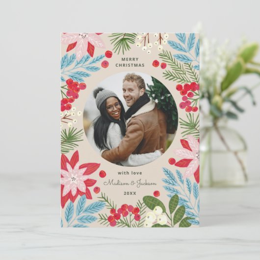 Floral beige kerstfeestkaart feestdagenkaart (Staand voorkant)