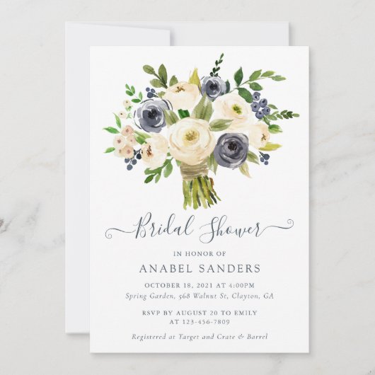 Floral Beige Navy Waterverf Peonies Vrijgezellenfe Kaart (Voorkant)