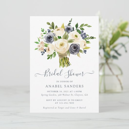 Floral Beige Navy Waterverf Peonies Vrijgezellenfe Kaart (Staand voorkant)