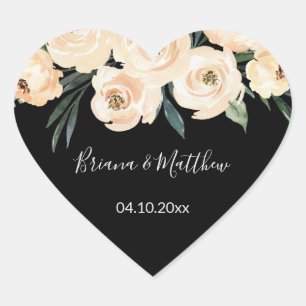 Floral Beige on Black Wedding Favors Heart Hart Sticker