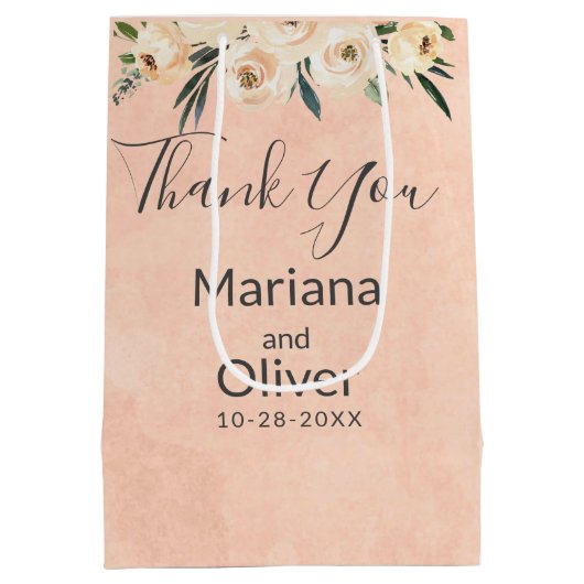 Floral Beige Roze Bruiloft Medium Gift Bag Medium Cadeauzakje (Achterkant)