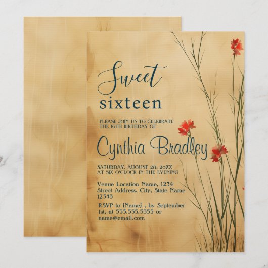 Floral Beige Sweet Sixteen Verjaardagsfeestje Kaart (Voorkant / Achterkant)