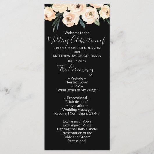 Floral Beige Zwart Huwelijksprogramma Programmakaart (Voorkant)