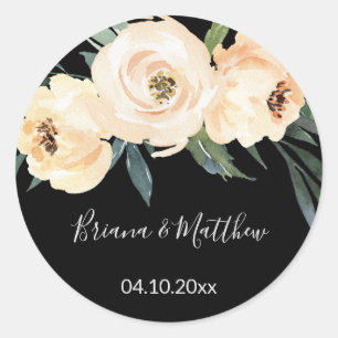 Floral Beige Zwart Waterverf Bruiloft Favorieten Ronde Sticker