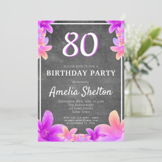 Floral Bellbloemen Chalkboard 80th Birthday Party Kaart (Staand voorkant)