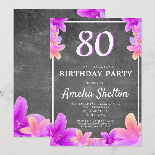 Floral Bellbloemen Chalkboard 80th Birthday Party Kaart (Voorkant / Achterkant)