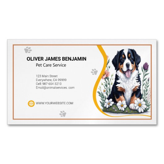 Floral Berner Mountain Dog Pet Care Service Magnetisch Visitekaartje (Voorkant)
