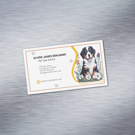Floral Berner Mountain Dog Pet Care Service Magnetisch Visitekaartje (Voorbeeld)