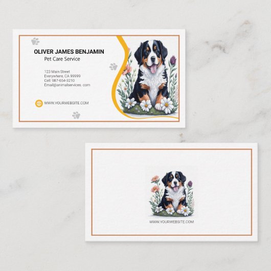 Floral Berner Mountain Dog Pet Care Service Visitekaartje (Voorkant / Achterkant)