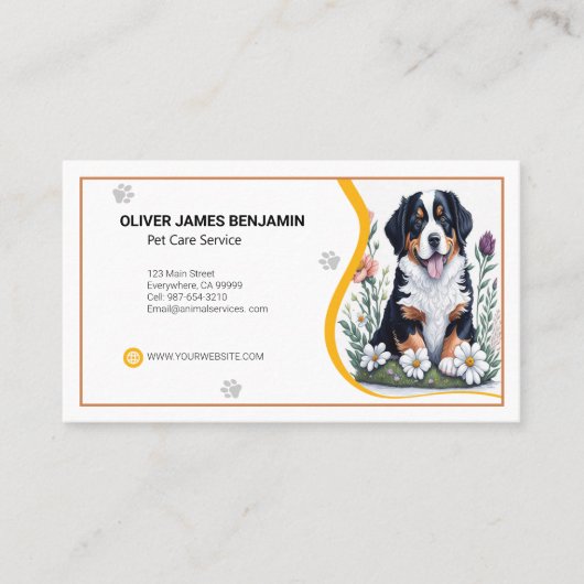Floral Berner Mountain Dog Pet Care Service Visitekaartje (Voorkant)
