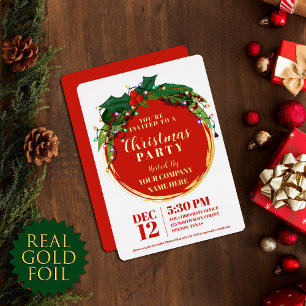 Floral Berry Wreate Kerstlight Corporate Gold Folie Uitnodiging