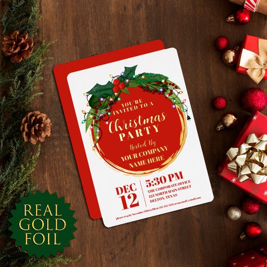 Floral Berry Wreate Kerstlight Corporate Gold Folie Uitnodiging