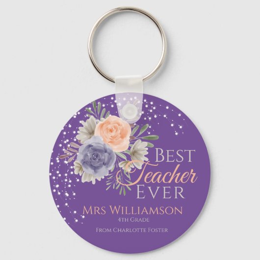 Floral Best Teacher Ever Peony Roos Paars Sleutelhanger (Voorkant)