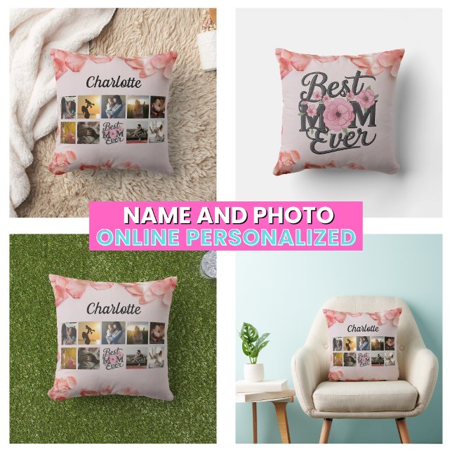 Floral Beste Mam Ever Script Moeder's Fotocollage Kussen (Floral Best Mom Ever Script Mother's Photo Collage Throw Pillow)