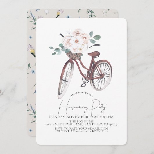 Floral Bicycle Waterverf Housewarming Party Kaart (Voorkant / Achterkant)