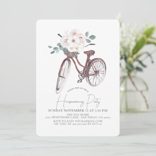 Floral Bicycle Waterverf Housewarming Party Kaart (Staand voorkant)
