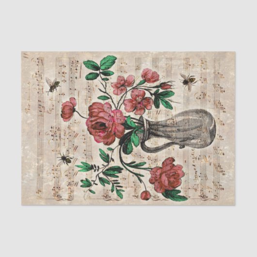  Floral bijen Muziek Ephemera Weefpapier Tissuepapier (Voorkant)