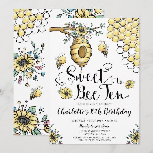 Floral bijenkorf honing zo lieve bij 10e verjaarda kaart (Voorkant / Achterkant)