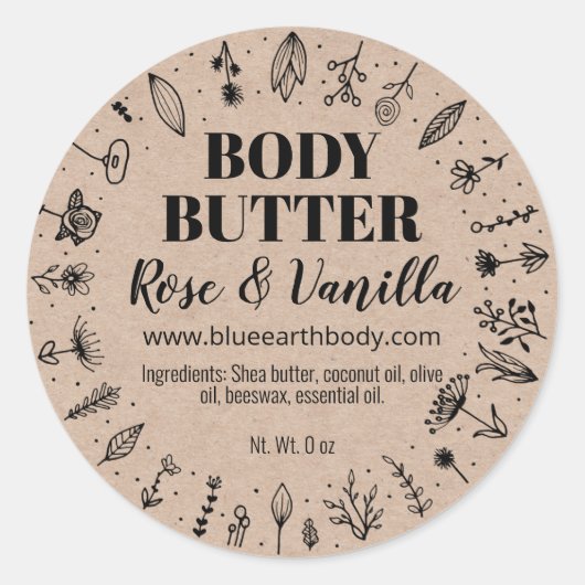Floral Biologische Zelfgemaakte Kraft Body Butter  Ronde Sticker (Voorkant)