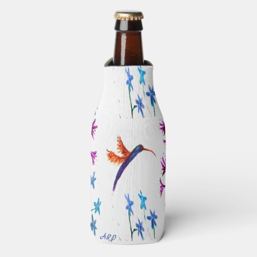 Floral Bird Art Hummingbird Flowers Gepersonalisee Flesjeskoeler (Fles Voorkant)