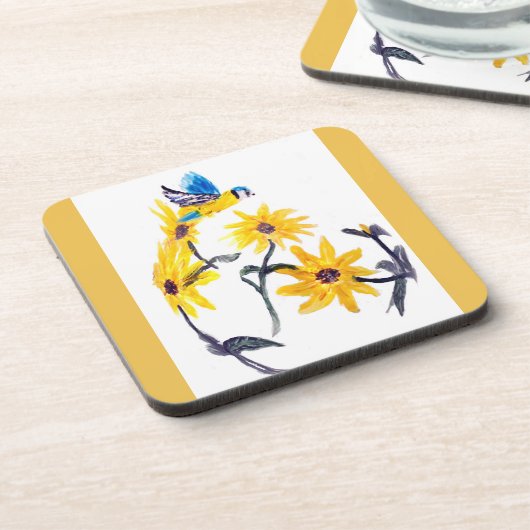 Floral Bird Art Yellow Sunflower Onderzetter (Linkerzijde)