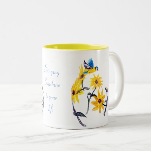 Floral Bird Art, Yellow Sunflower Tweekleurige Koffiemok (Voorkant rechts)